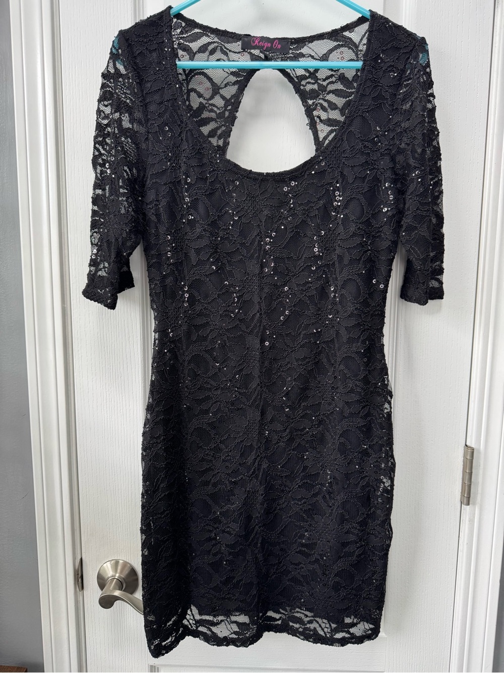 Black Lace Sequin Mini Dress with Open Back